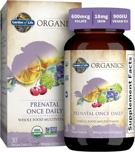 Garden of Life Organics Vitamina prenatal: Ácido fólico para energía y desarrollo fetal saludable, hierro sin estreñimiento, vitamina C, B6, B12, D3