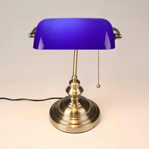 Miniatura 4 de FIRVRE Lámpara de escritorio de banqueros de cristal azul, lámpara de mesa ejecutiva brillante con interruptor de cadena de tracción, lámpara