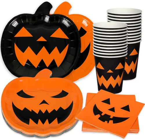Juego de vajilla de fiesta de Halloween, 72 piezas, platos de papel con temática de calabaza naranja y negra, vasos, servilletas, vajilla desechable