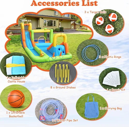 Miniatura 7 de HONEY JOY Tobogán acuático inflable, casa de rebote de agua gigante 8 en 1 y parque acuático con toboganes, escalada, piscina de chapoteo, toboganes
