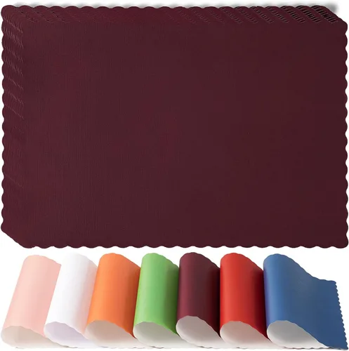 Fit Meal Prep Paquete de 100 manteles individuales desechables de papel, 14 x 10 pulgadas, color burdeos con borde festoneado ondulado decorativo