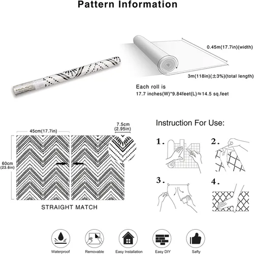Miniatura 7 de HAOKHOME Papel tapiz con textura geométrica bohemia en blanco y negro, moderno, para decoración de baño, 17.7 pulgadas x 9.8 pies