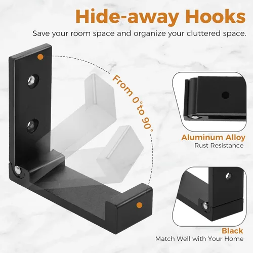 Miniatura 2 de Paquete de 10 ganchos plegables de pared, ganchos plegables de aleación de aluminio para colgar mochila, abrigo, toalla, sombrero, auriculares, Negro