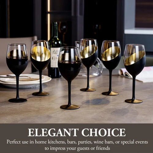 Miniatura 3 de MyGift Copas de vino modernas inclinadas de 14 onzas con tallo negro mate y dorado, diseño elegante en ángulo con copas de cristal de acento Latón