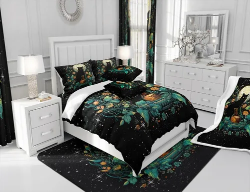 Miniatura 4 de Juego de funda de edredón para niños con diseño de gato lindo, tamaño individual, juego de ropa de cama con hojas de flores, luna, noche y cielo