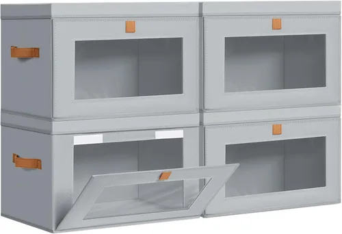Miniatura 16 de DIMJ Contenedores de Almacenamiento con Tapas - Paquete de 4 Organizadores Grandes de Tela para Armario con Ventana y Asas, Cajas de Almacenamiento