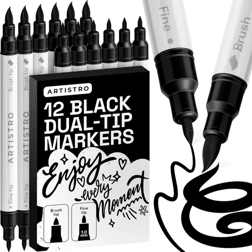 Miniatura 15 de ARTISTRO 5 marcadores de pintura acrílica negra, bolígrafos de pintura de doble punta + pincel fino ideal para caligrafía, perfectos para tela