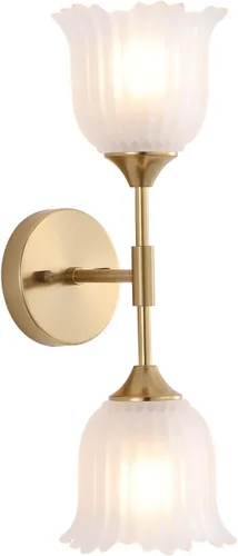Miniatura 12 de BYOLIIMA Aplique de pared dorado de 2 luces con pantallas de vidrio ámbar, moderno de mediados de siglo, accesorios de luz de pared para tocador