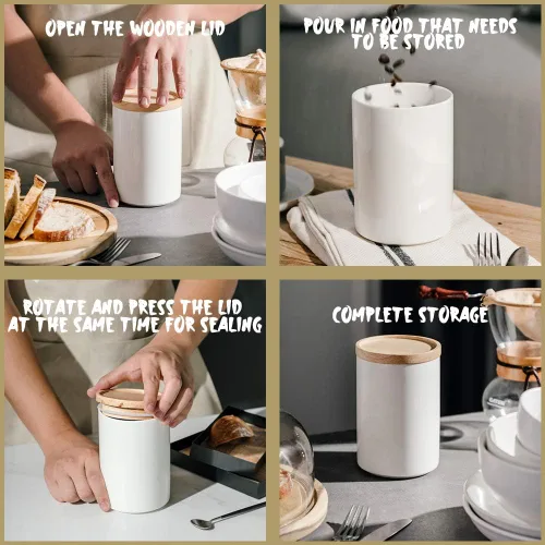 Miniatura 4 de Sweejar Kitchen Canisters - Tarro de cerámica para almacenamiento de alimentos, recipientes apilables con tapa de madera de cierre hermético