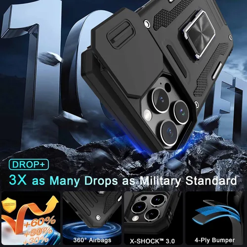 Miniatura 194 de DEERLAMN Funda para iPhone Xs Max con funda deslizante para cámara + protector de pantalla, soporte giratorio de anillo de grado militar a prueba