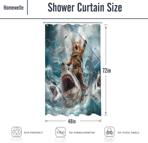 Miniatura 4 de Cortina de ducha divertida con diseño de gato pequeño para montar tiburón, océano, surf, playa, olas de mar, rayos, 48 pulgadas de ancho x 72