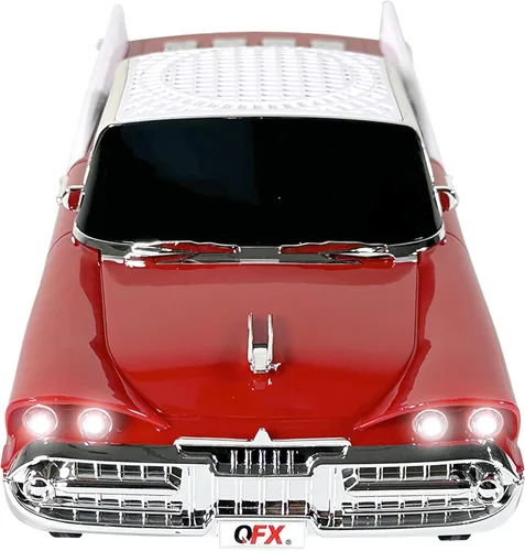 QFX Altavoz Bluetooth 1959 Retro Clásico de Coche, Altavoces Duales de 2 Pulgadas, Enlace Manos Libres, Micrófono Integrado, Radio FM y Luces LED de