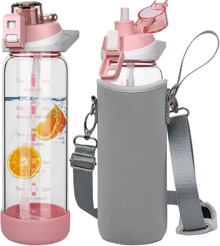 Miniatura 9 de Botella de agua deportiva de vidrio de 32 onzas con popote y marcador de tiempo, botella de vidrio motivacional reutilizable grande para agua Rosa