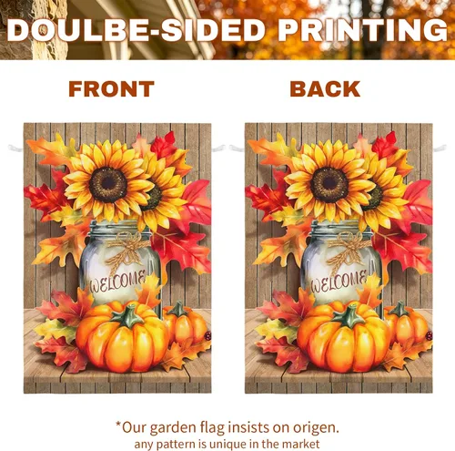 Miniatura 4 de Fall Garden Flags Thanksgiving Sunflower Pumpkin Printing House Flag Welcome Autumn Maple Leaves Yard Flags for Outside Mason Jar Pattern Floral