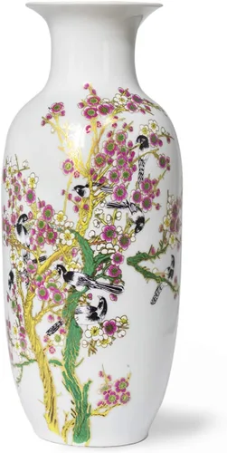 Miniatura 11 de Dahlia Famille - Florero de rosa, hecho a mano, porcelana china, pájaros en peonía, forma de botella china de 8.5 pulgadas