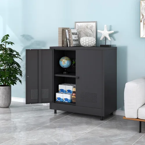 Miniatura 9 de Armario de almacenamiento de metal con 2 puertas y estante ajustable, aparador de acero para el hogar, oficina, garaje, entrada, sala de estar, Negro