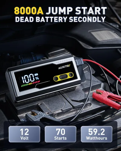 Miniatura 2 de AUXITO Arrancador de batería portátil de 8000 A con pantalla LCD grande, cable de salto con abrazaderas inteligentes, banco de energía, linterna