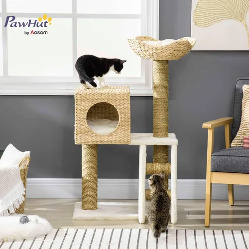 Miniatura 2 de PawHut Cattail Weave - Árbol para gatos de interior, torre de gatito con condominio de ratán para gatos, cama de mimbre, escalera, cojines lavables