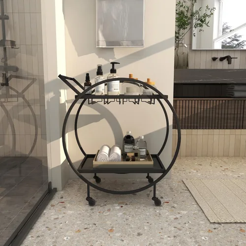 Miniatura 9 de Deco 79 Carrito de barra con 2 estantes de espejo con almacenamiento de copa de vino y asa, 28 x 14 x 31 pulgadas, negro