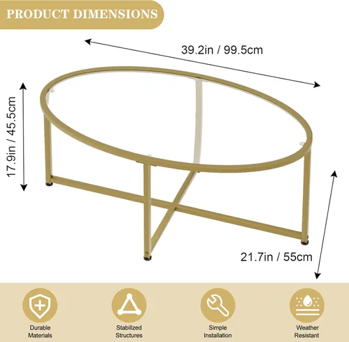 Miniatura 2 de Wolawu Mesa de centro ovalada dorada de vidrio para sala de estar, mesas de té modernas con marco de metal dorado para espacios pequeños, mesa