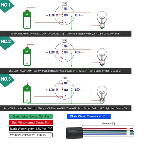 Miniatura 6 de Interruptor de botón pulsador de 0.630 in, 0.63 pulgadas, certificación UL redondo con luz LED de 24 V CC, 1 NC, SPDT, 5 pines con enchufe de Verde