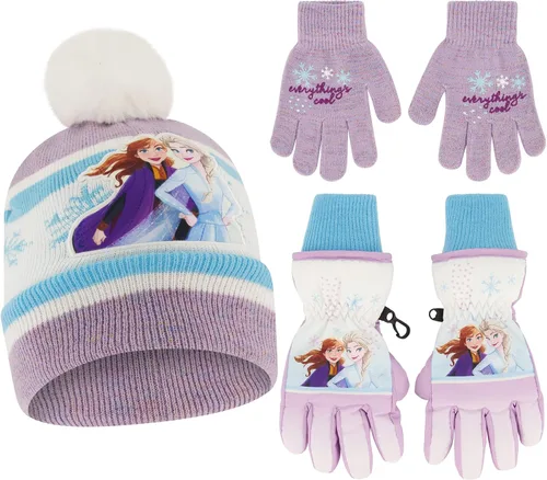 Disney girls Winter Hat With Knit Mittens Set and Insulated Ski Ages 2-4 Or Frozen Knit Gloves and Glove Set Age 4-7