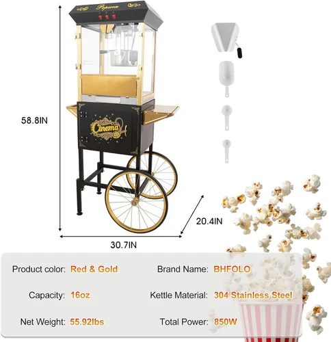 Miniatura 7 de Máquina comercial de palomitas de maíz de 16 onzas con carro, máquina de maíz vintage grande de 850 W con plataforma de calentamiento, máquina