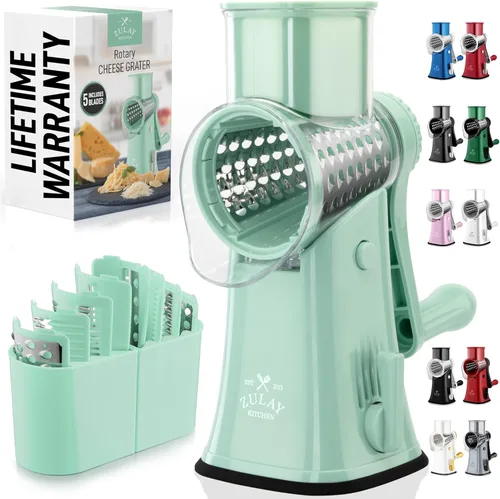 Miniatura 17 de Zulay Kitchen Rallador rotativo de queso de 5 cuchillas, rallador de queso manual de manivela con succión reforzada y 5 tambores intercambiables
