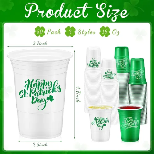 Miniatura 2 de Pickmesh 50 piezas de vasos de plástico para el Día de San Patricio de 16 onzas con diseño de trébol de la suerte, vasos desechables
