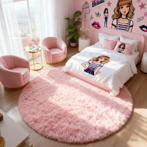 Miniatura 4 de PAGISOFE - Alfombra redonda rosa de 4 pies para habitación de niñas, alfombra circular suave y esponjosa para dormitorio de niñas, decoración