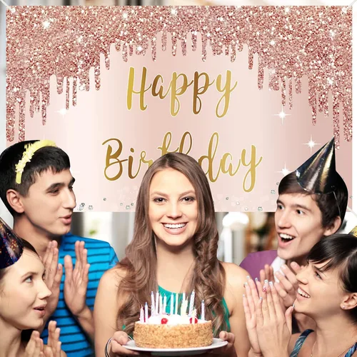 Miniatura 7 de Cartel de feliz cumpleaños de oro rosa y decoraciones de fondo para niñas y mujeres, suministros de letrero de fiesta temática rosa, gran póster