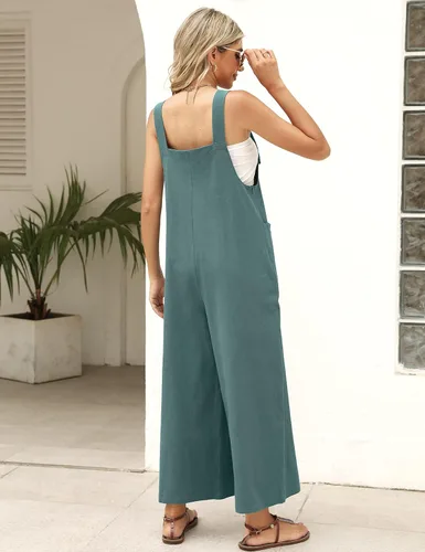Miniatura 7 de APAFES Overol de verano de algodón y lino negro para mujer, holgado, sin mangas, ajustable, pierna ancha, monos de una pieza