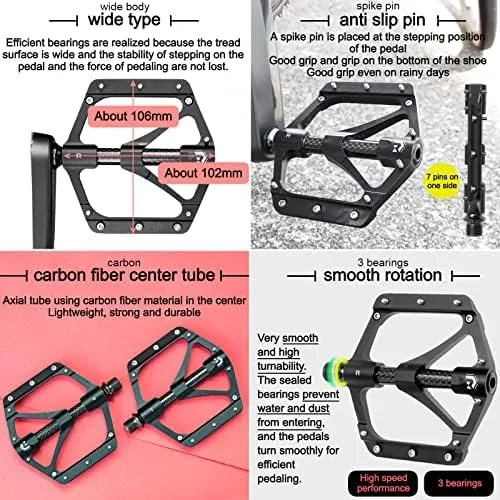 Miniatura 4 de GORIX Pedales planos de bicicleta CNC ancho 3 cojinetes tubo central de fibra de carbono ligero con pin antideslizante Spike Road Mountain MTB