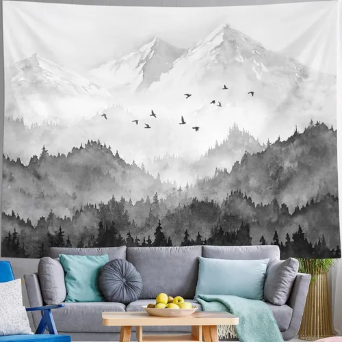 Miniatura 9 de kampdream Tapiz de bosque de montaña, tapiz de pared con diseño de árbol blanco y negro brumoso, paisaje de acuarela, tapiz de paisaje natural