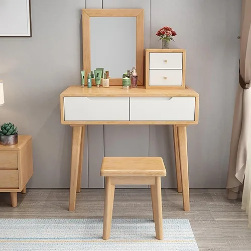 Miniatura 11 de Escritorio de tocador con espejo, juego de mesa de maquillaje con taburete acolchado y cajón, mesa de cosméticos, tocador de maquillaje pequeño
