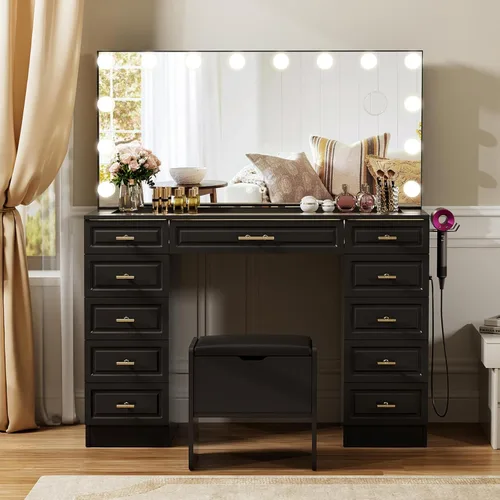 Miniatura 7 de VOWNER Tocador con espejo iluminado, escritorio de maquillaje con parte superior de cristal con altavoz Bluetooth, 14 luces y 11 cajones, 3 modos