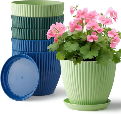 Miniatura 9 de RooTrimmer Macetas de Plástico Engrosado Negro de 7.5 Pulgadas con Platillos, Paquete de 6 Maceteros Modernos para Plántulas para Plantas