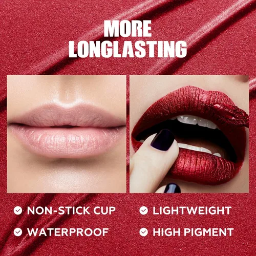 Miniatura 4 de FOCALLURE Lápiz labial líquido metálico, brillo de labios no pegajoso, color de labios de alto impacto con resistencia a la transferencia, BR01