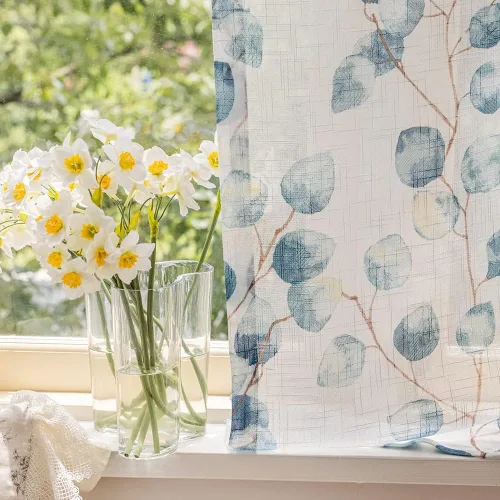 Miniatura 8 de SUOUO Cortinas blancas semitransparentes con hojas azules para dormitorio, comedor, sala de estar, lino texturizado de 84 pulgadas de largo