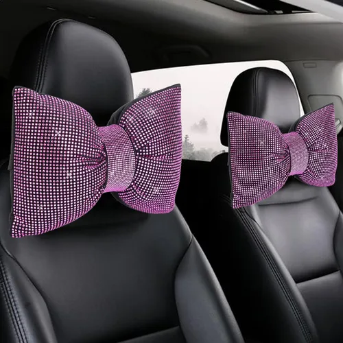Miniatura 8 de 2 PCS Almohadas Brillantes para Automóvil, Almohada de Reposacabezas de Coche con Lazo de Pedrería, Almohada Cervical para Coche para Relajación