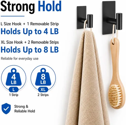 Miniatura 4 de 8 ganchos para toallas resistentes para colgar, ganchos adhesivos de pared con tiras extraíbles, adhesivos sin daños, para exteriores, para baños
