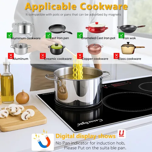 Miniatura 6 de Placa de inducción de 30 pulgadas, placa de cocina eléctrica de 4 quemadores con 9 niveles de potencia, control táctil, temporizador, bloqueo