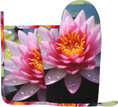 Juego de guantes de horno y soportes para ollas con estampado de flores de loto, resistentes al calor hasta 500 F, guantes de horno de cocina,