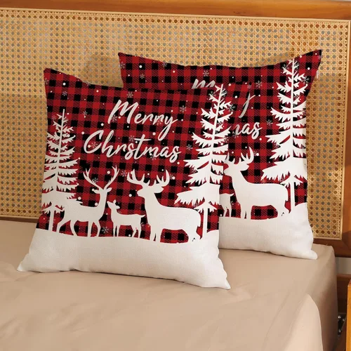 Miniatura 4 de Fundas de almohada navideñas de 18x18 pulgadas, paquete de 2, cuadros búfalo rojo y negro con ciervo, fundas de almohada decorativas, decoración