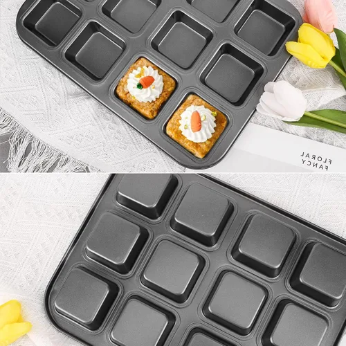 Miniatura 6 de Beasea Bandeja para brownie con divisores, 2 juegos de moldes cuadrados para cupcakes para brownies, 12 mini cavidades antiadherentes para hornear
