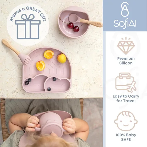 Miniatura 8 de Juego Completo de Alimentación de Silicona - Seguro para 6-12 Meses - Suministros de Destete con Luz LED para Bebés No Tóxicos - Utensilios de Rosa