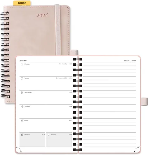 POPRUN Agenda semanal 2024, tamaño de bolsillo, 4 x 6.25 pulgadas, calendario pequeño para bolso con cubierta suave en espiral, regla de plástico,