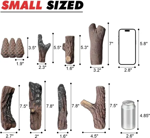 Miniatura 2 de MrGas - Juego de 10 troncos de chimenea falsos de tamaño pequeño con conos de pino, insertos de gas para chimenea de madera de cerámica, troncos