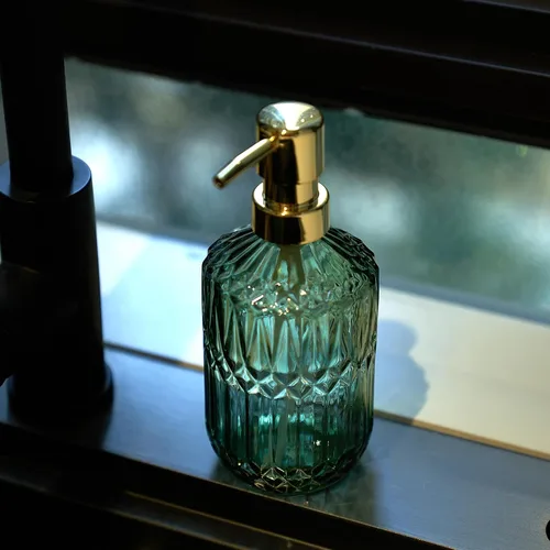 Miniatura 9 de Dispensador de jabón de vidrio Botella verde Bomba de plástico dorado Fregadero de cocina recargable Encimera Dispensador de platos de mano