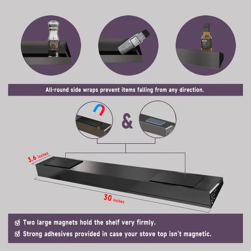Miniatura 5 de STUTOV Estante superior magnético para estufa de 30 pulgadas, estante de especias negro y organizador de condimentos, estante de cocina magnético
